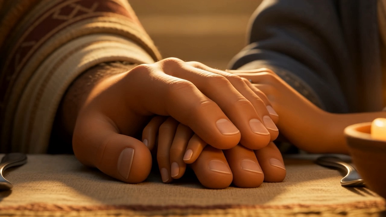 His wife's hand under his on the wood