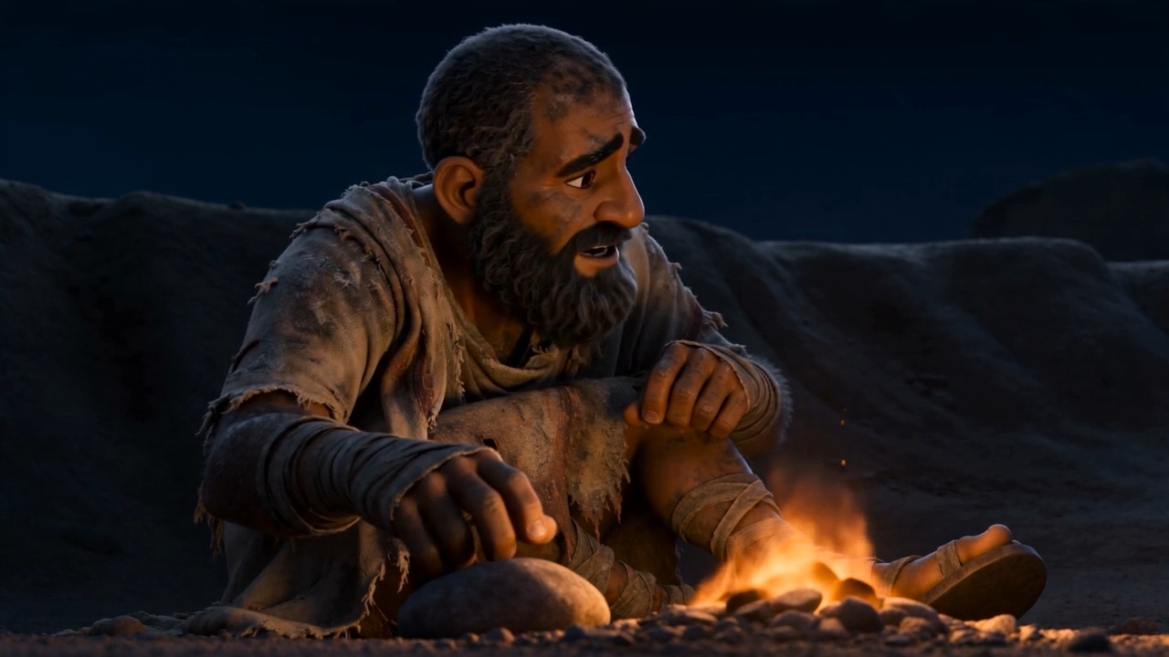 One man at a tiny fire in an enormous dark