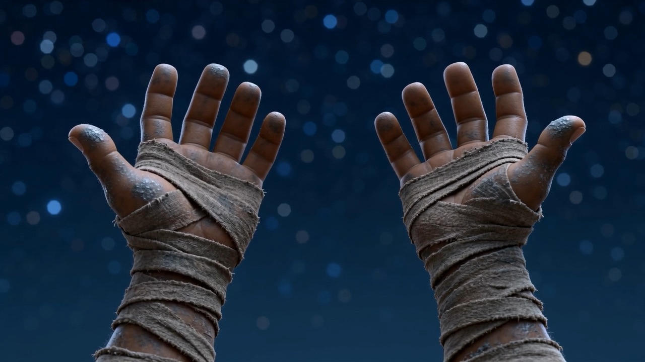 Two bandaged hands open against the stars