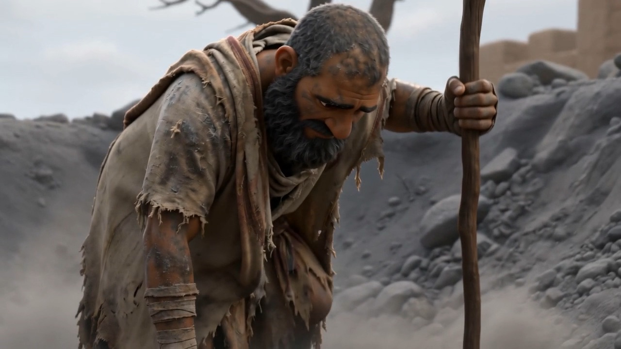 A hand closes on a wooden staff in the ash