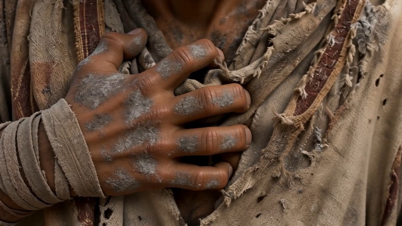 A bandaged hand pressed flat to his chest