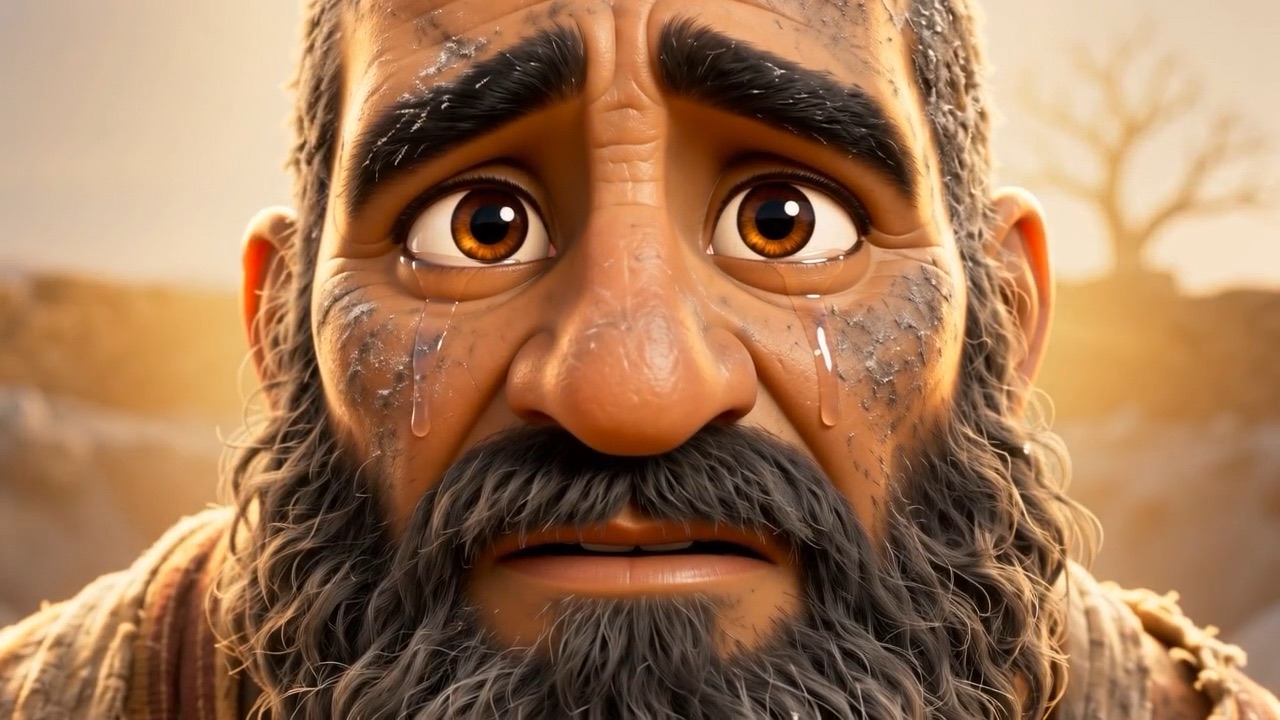 Tears on his face, and he is not angry