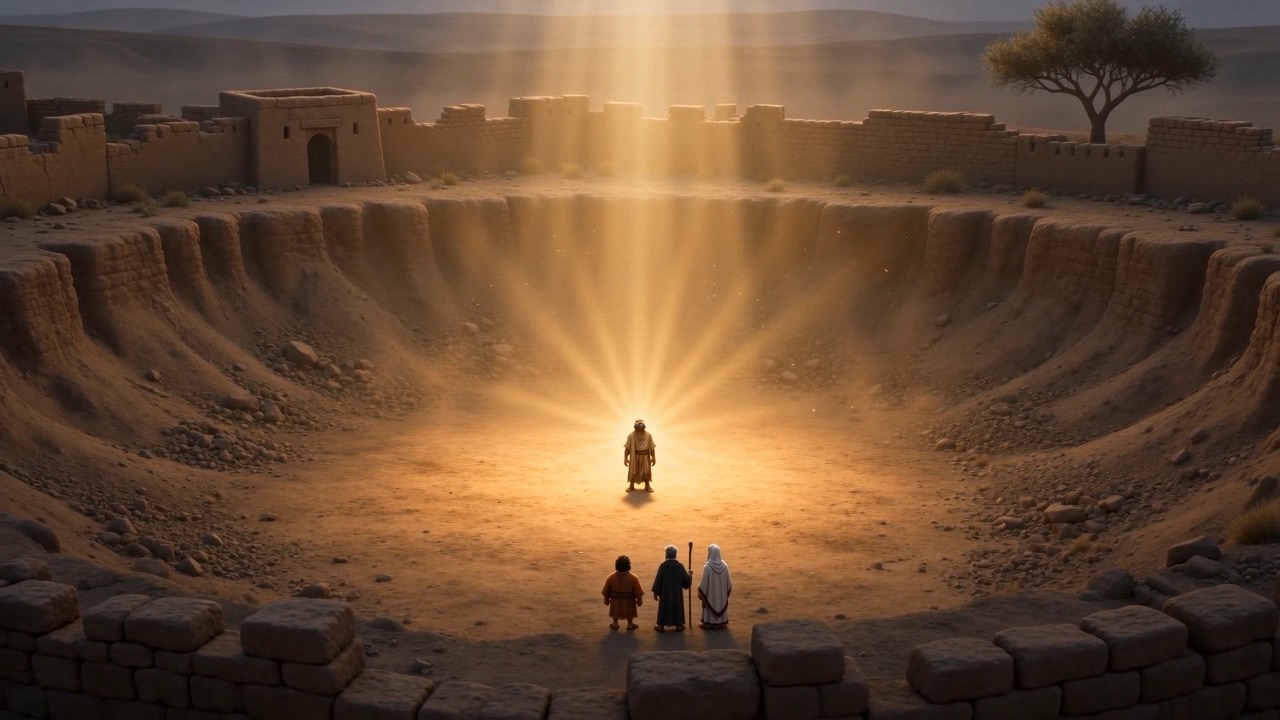 A shaft of golden light falling on one man at the bottom of a grey crater