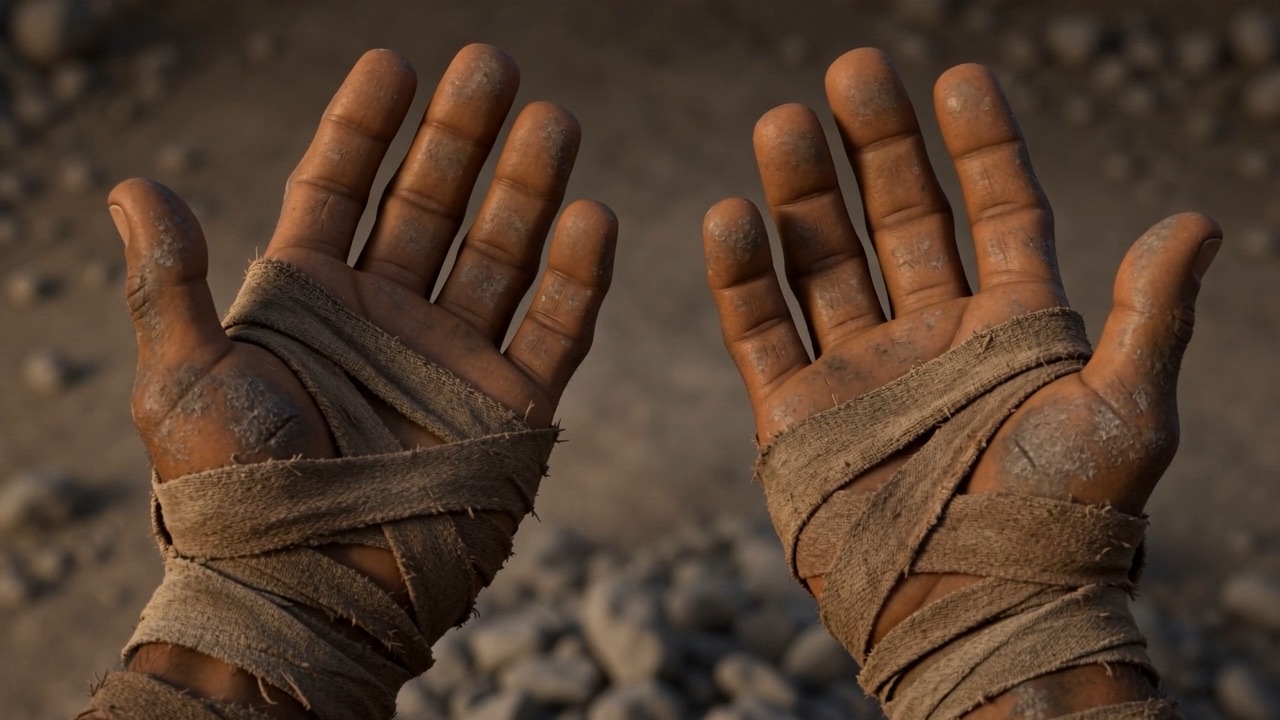 Two empty bandaged palms held up