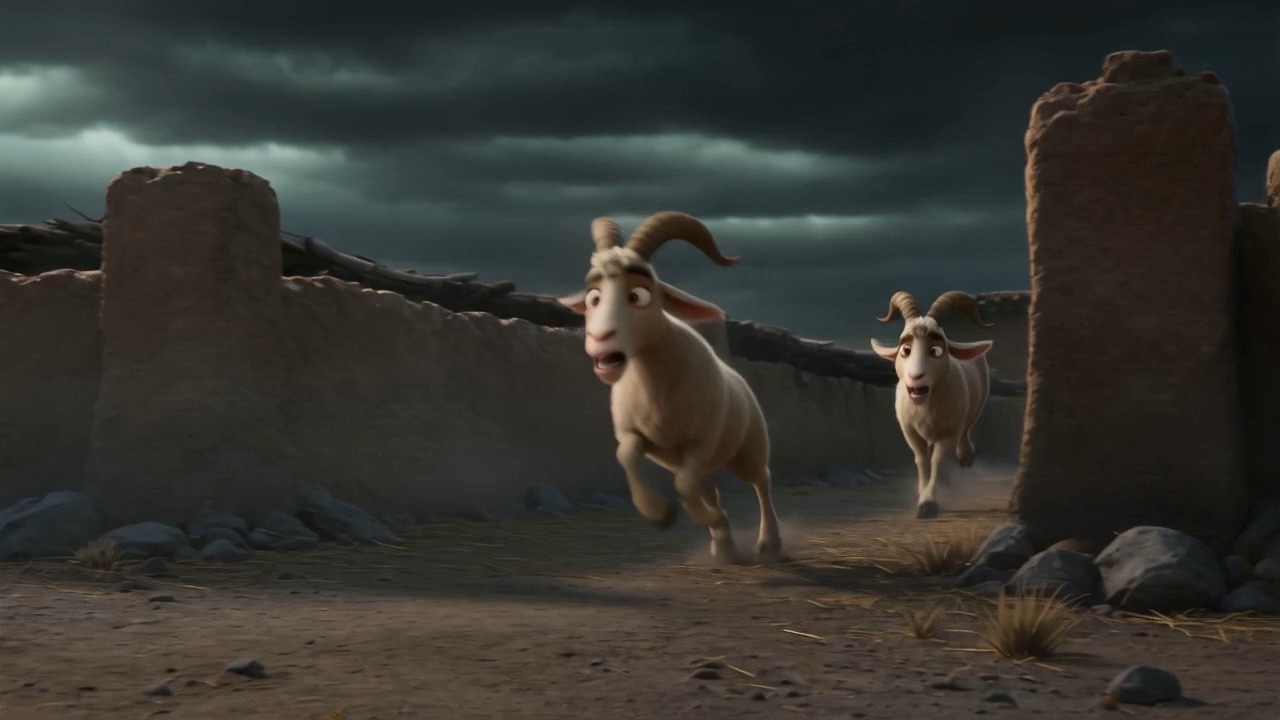 Goats bolting between the ruins