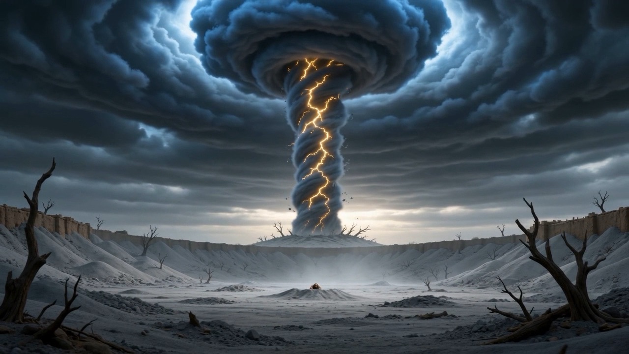 It stands over the plain, lit from inside