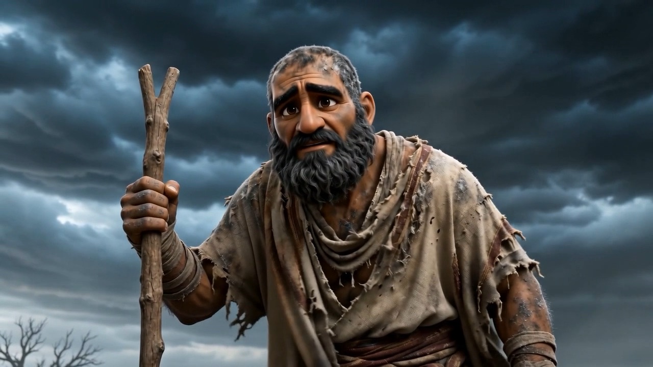 He leans on his staff into the wind