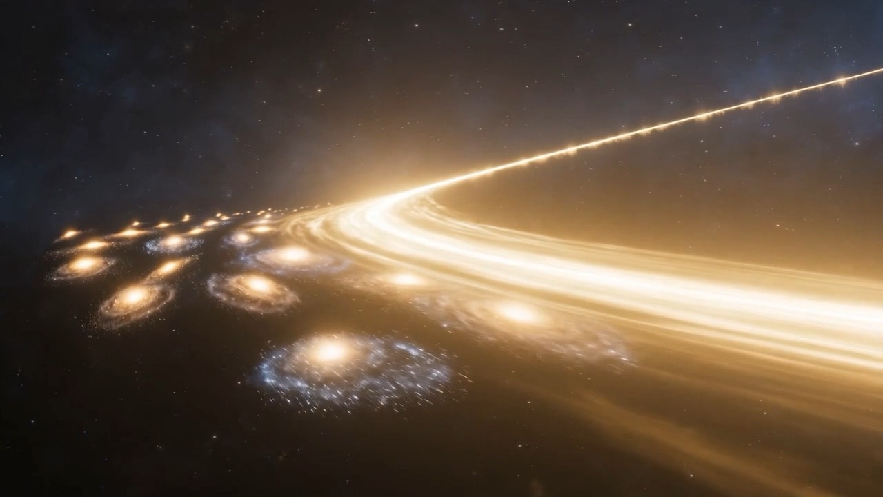 A spiral arm turning, seen edge on