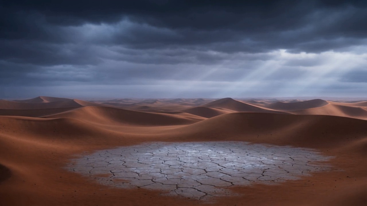 Rain falling on cracked, empty desert