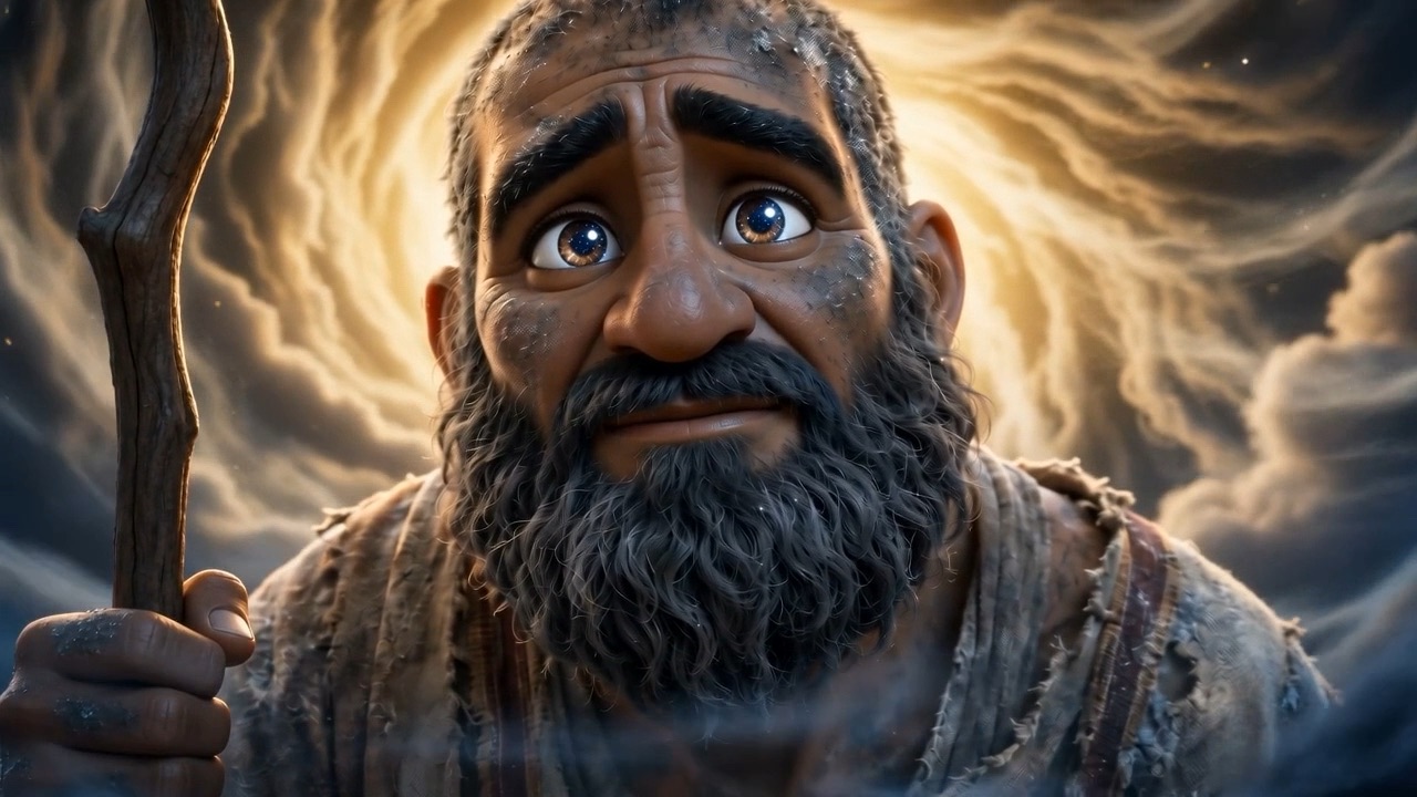 Job's face, lit from above, listening