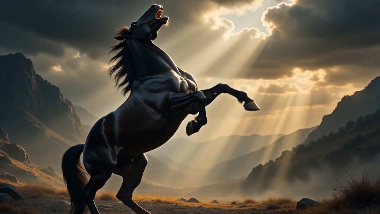 A black stallion rears in a mountain pass