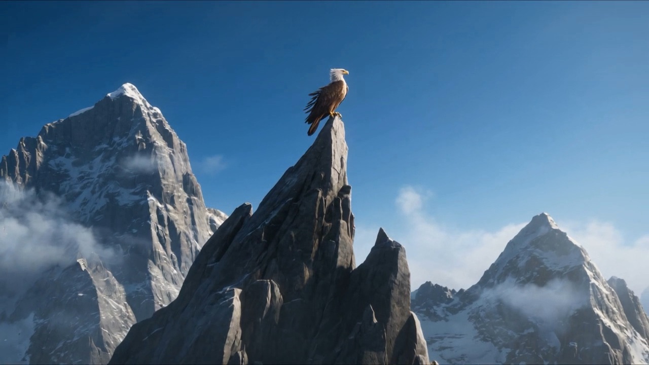 An eagle on a rock spire above the cloud layer