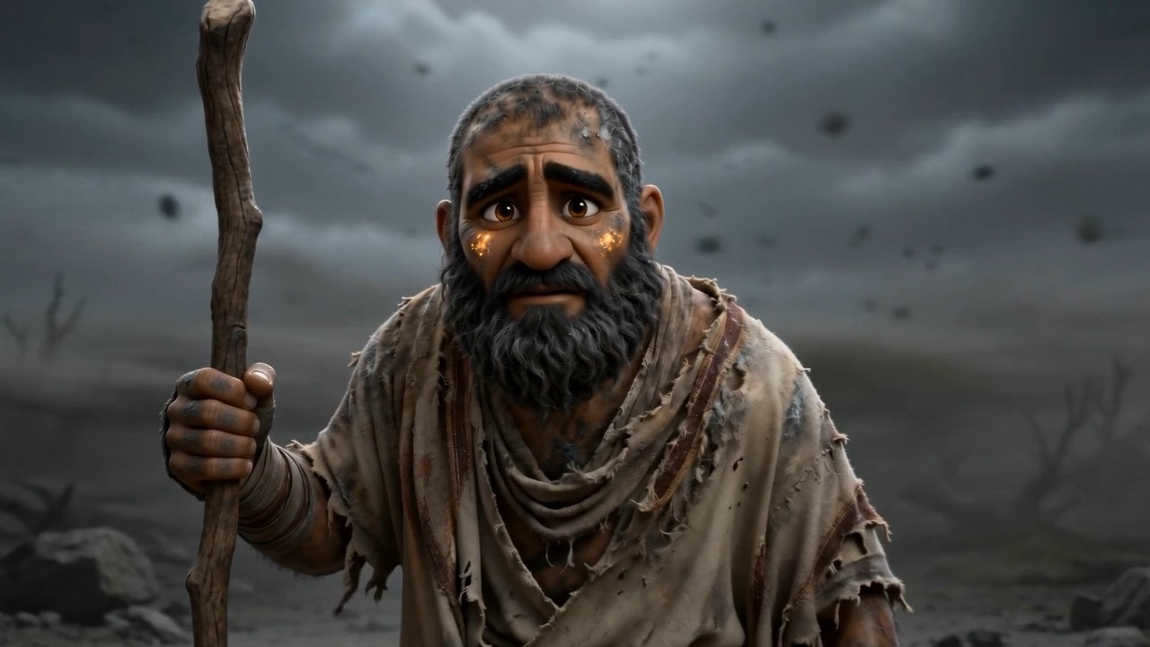 He braces on his staff and does not run