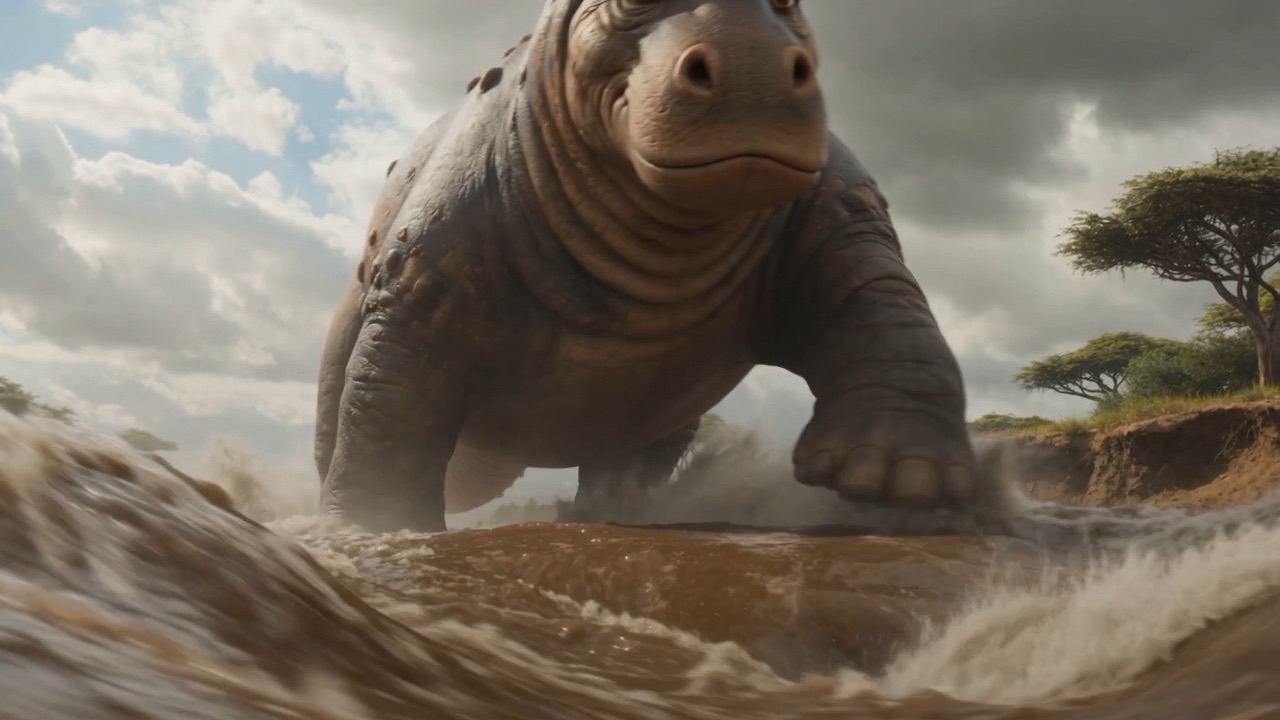 Something enormous stands up in a flooding river