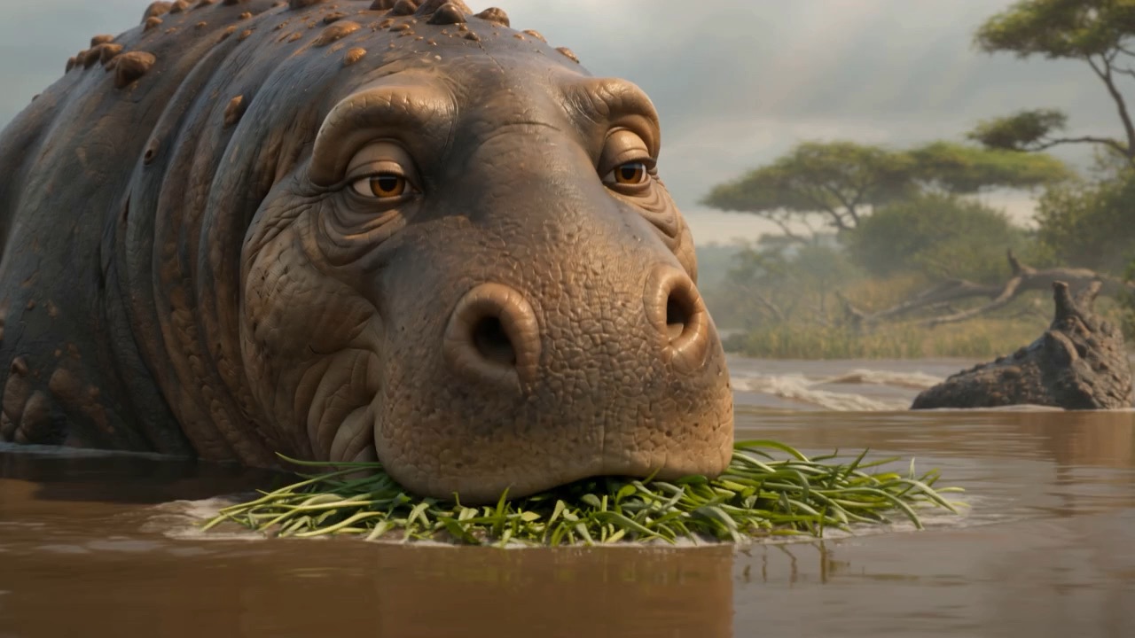 It lowers its head and eats grass like an ox