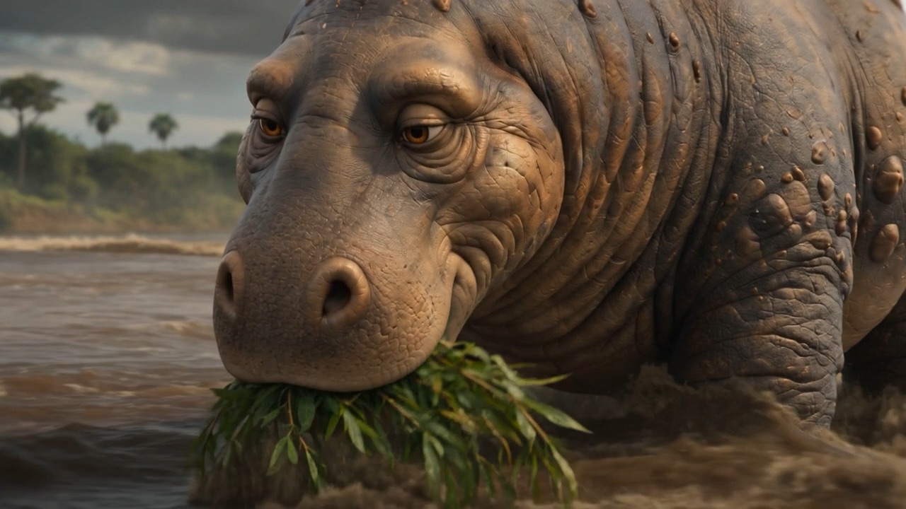 A vast placid face, chewing