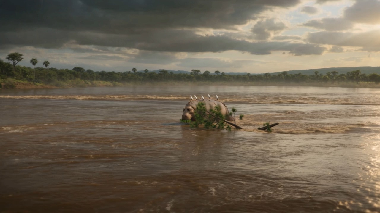 It settles down in the flood, unbothered