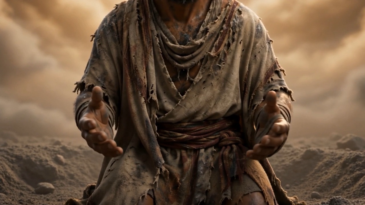 He kneels down in the ash