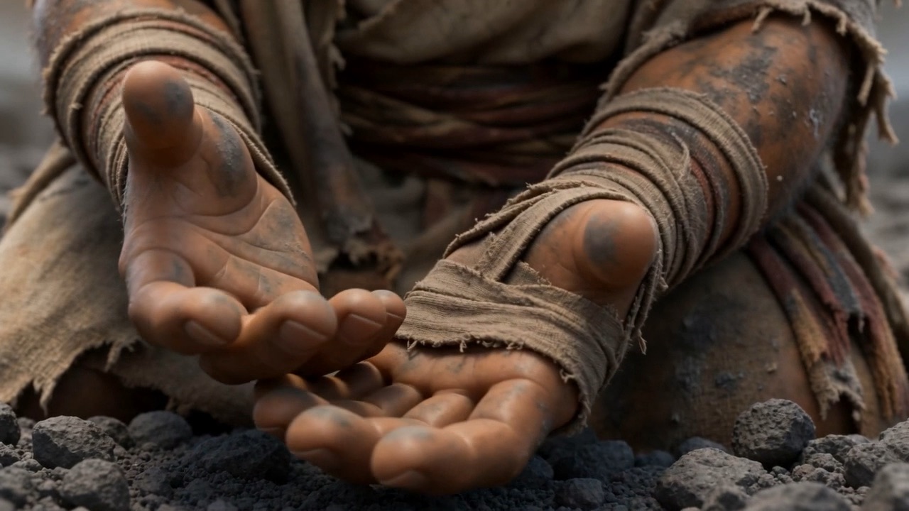 Both hands open on his knees, empty