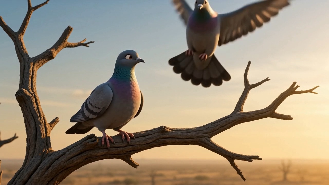 Two doves land on a dead branch