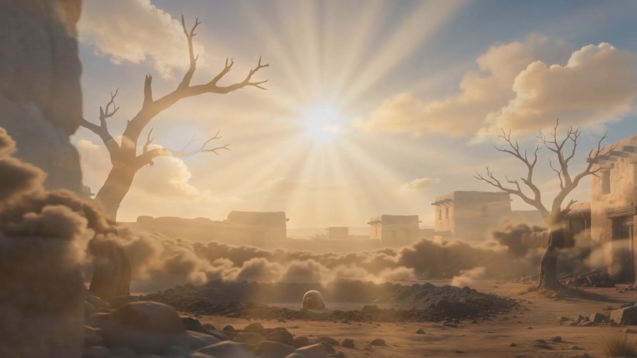 The ruined town, gold-lit
