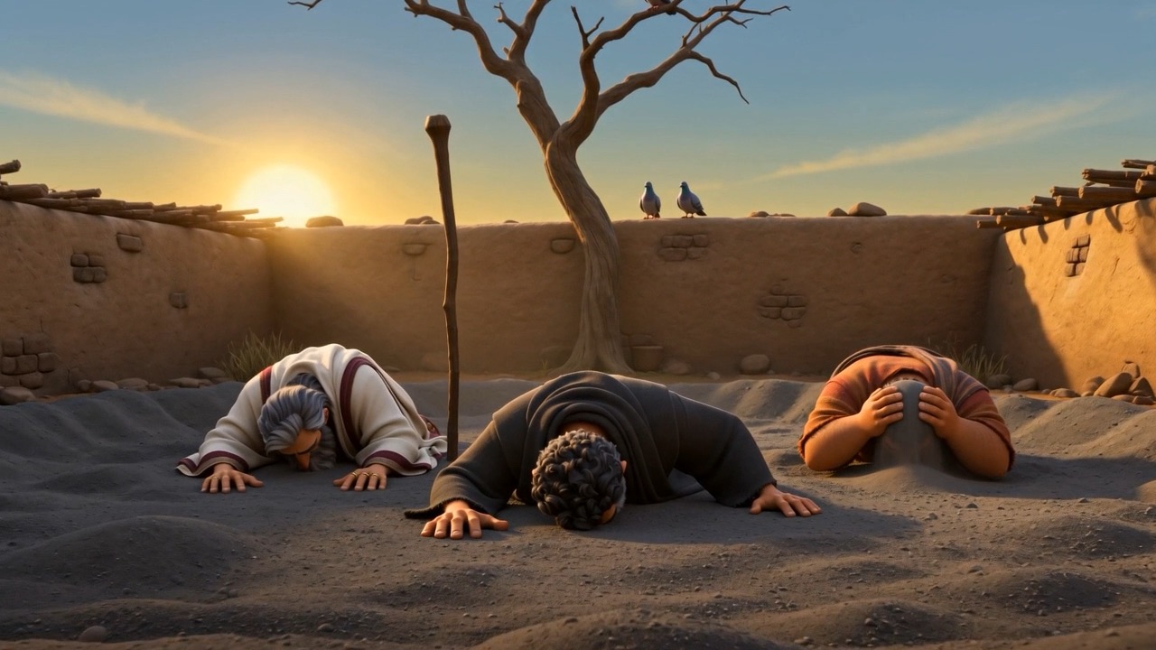 The three friends face-down in the dust