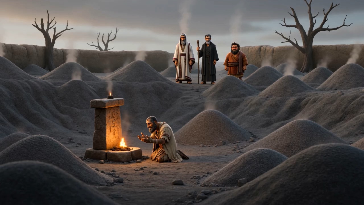 Job kneeling at a small altar, the friends behind him