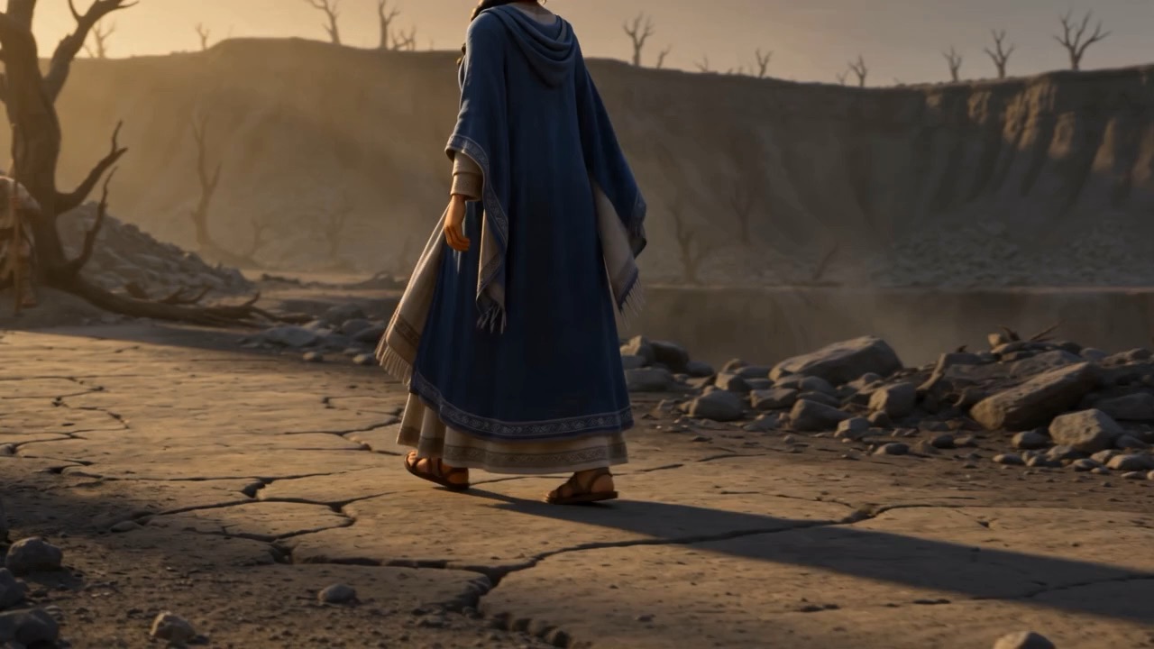 A figure in blue on the cracked ground, walking