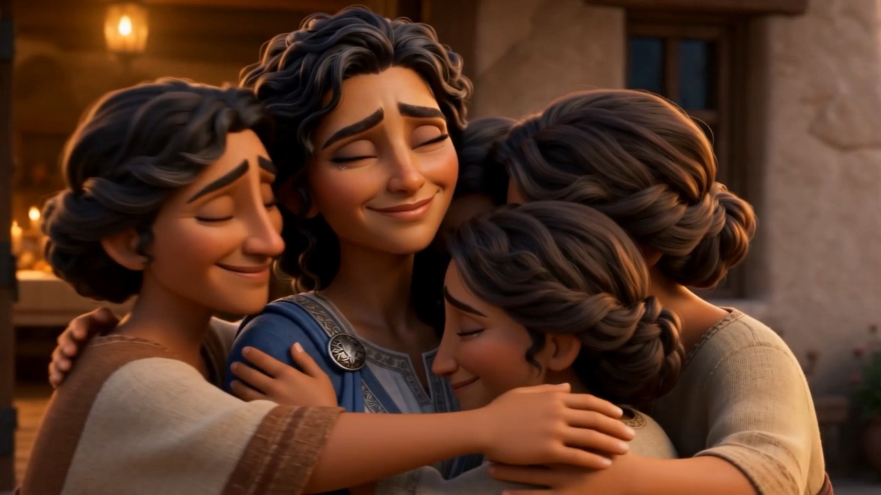 Sisters and a daughter in a tangle of arms