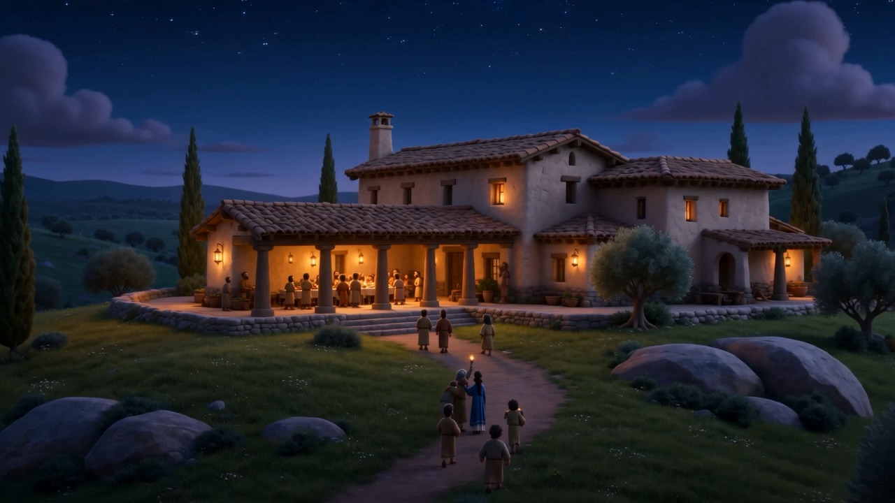 The estate at night, people arriving