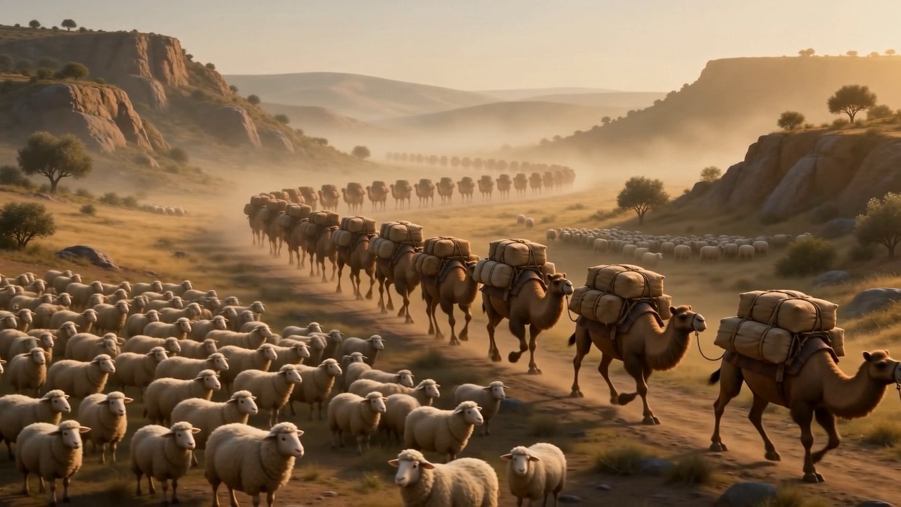 A camel train coming down a dust road
