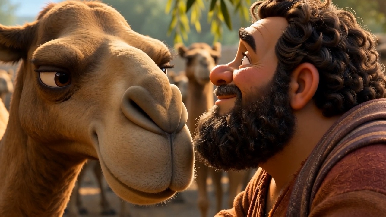 A servant nose to nose with a camel, overwhelmed