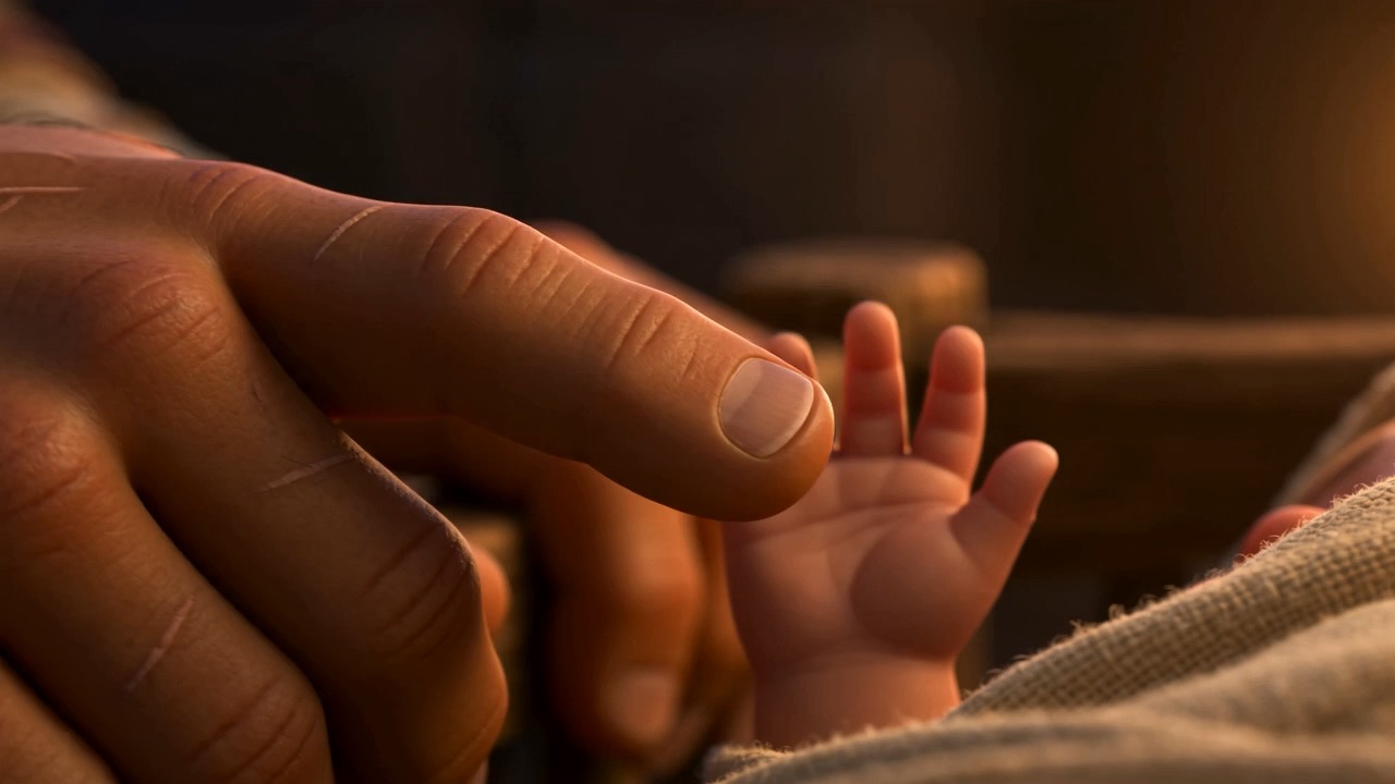 A baby's hand closes around one big finger