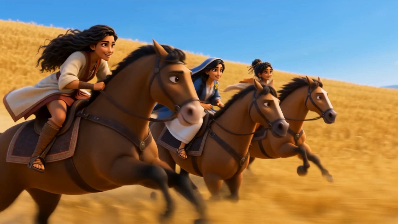 Three young women riding hard through gold wheat