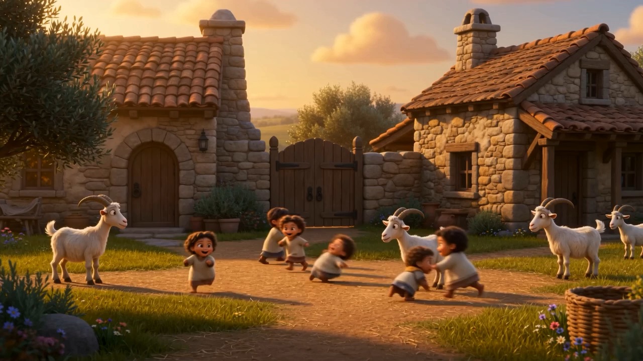 Children and goats in the evening light