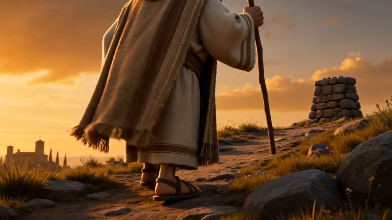 Very old now, climbing a hill with a staff