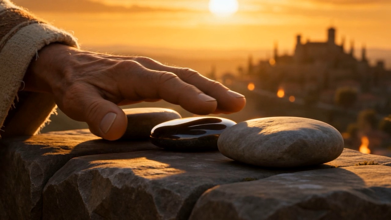 He sets one more stone on a small altar