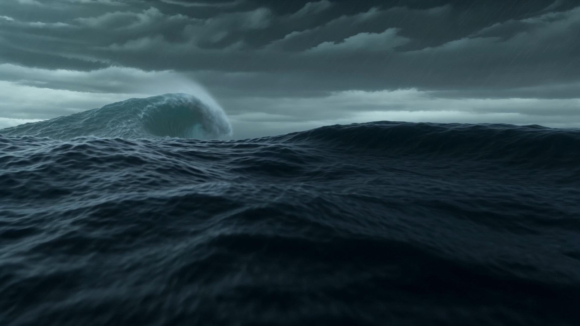 A mountain of water rolls under the sky