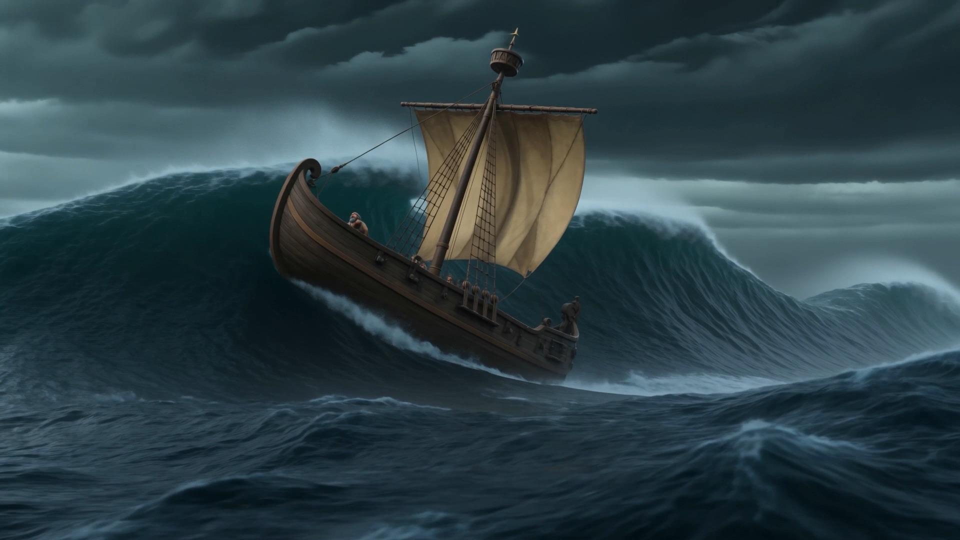 The ship falls into the trough
