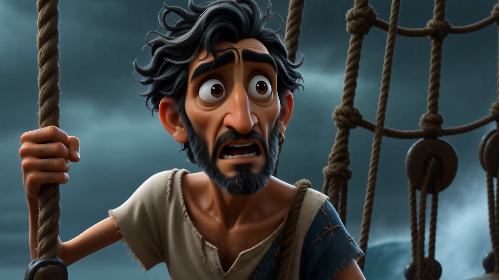 The rope boy grips the rigging, terrified