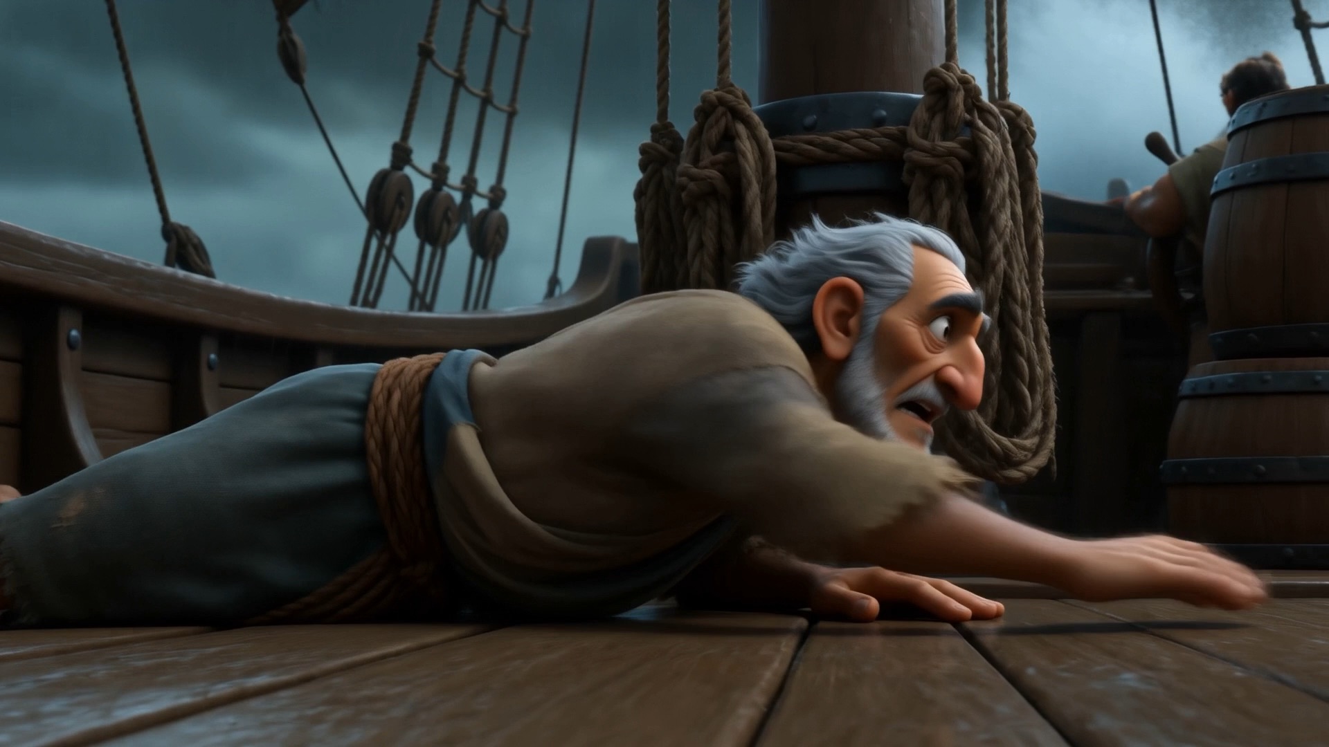 Jonah crawls across the deck toward the rail