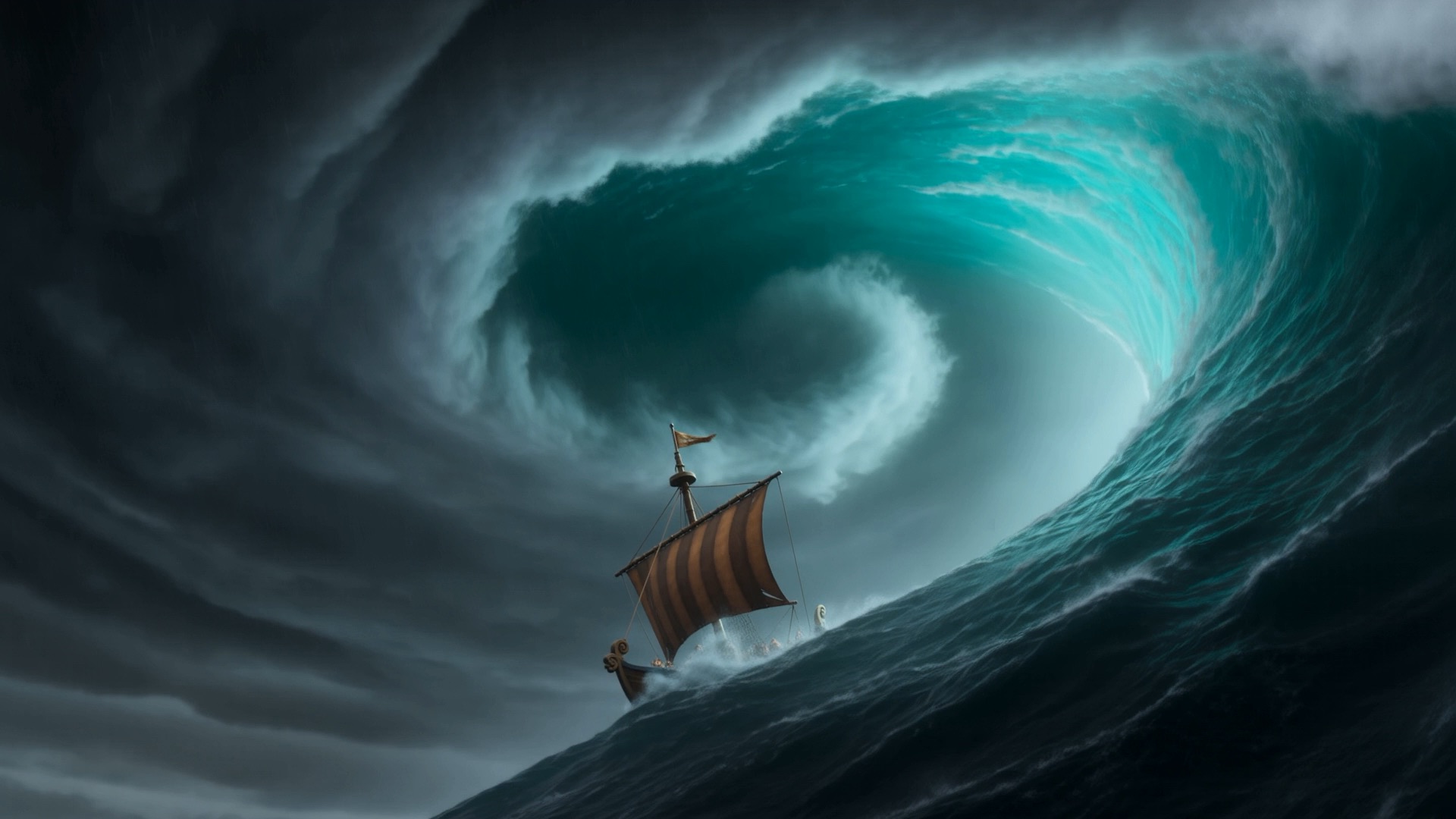 A glowing wave curls over the ship