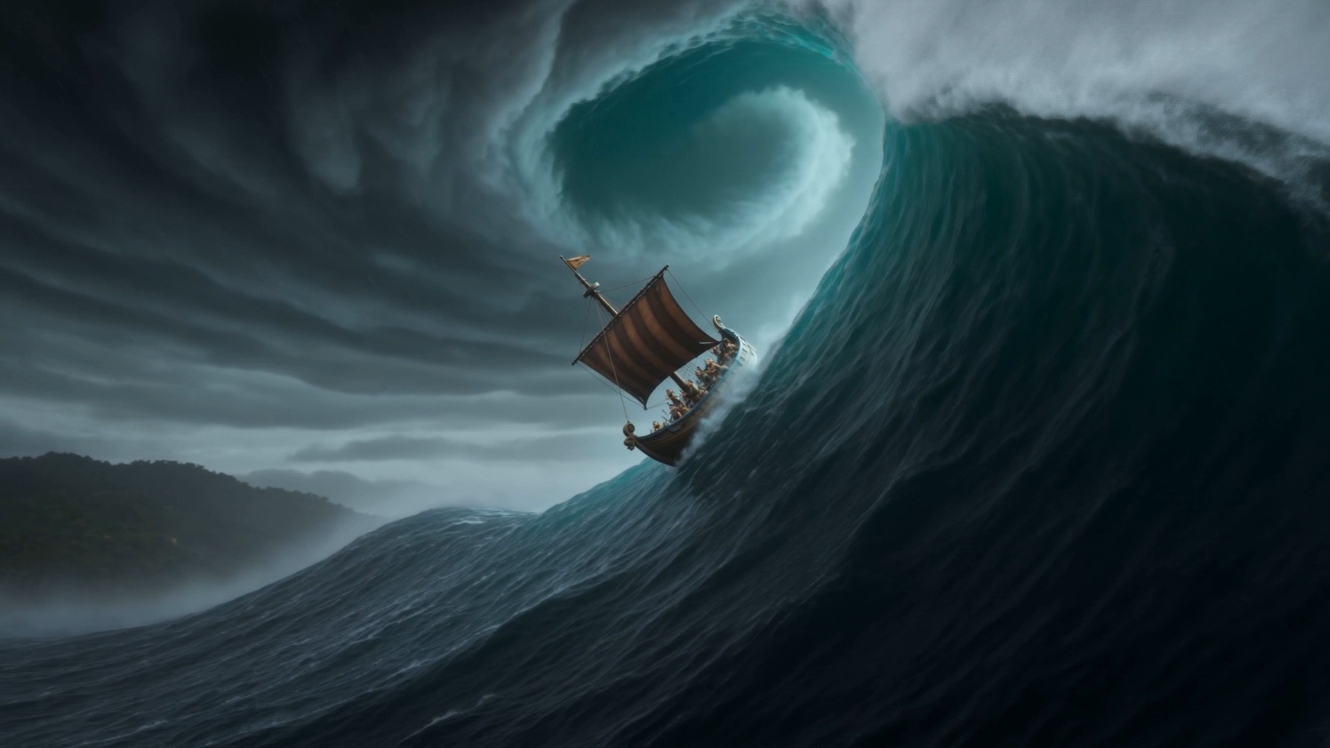 The ship slides on the face of the wave