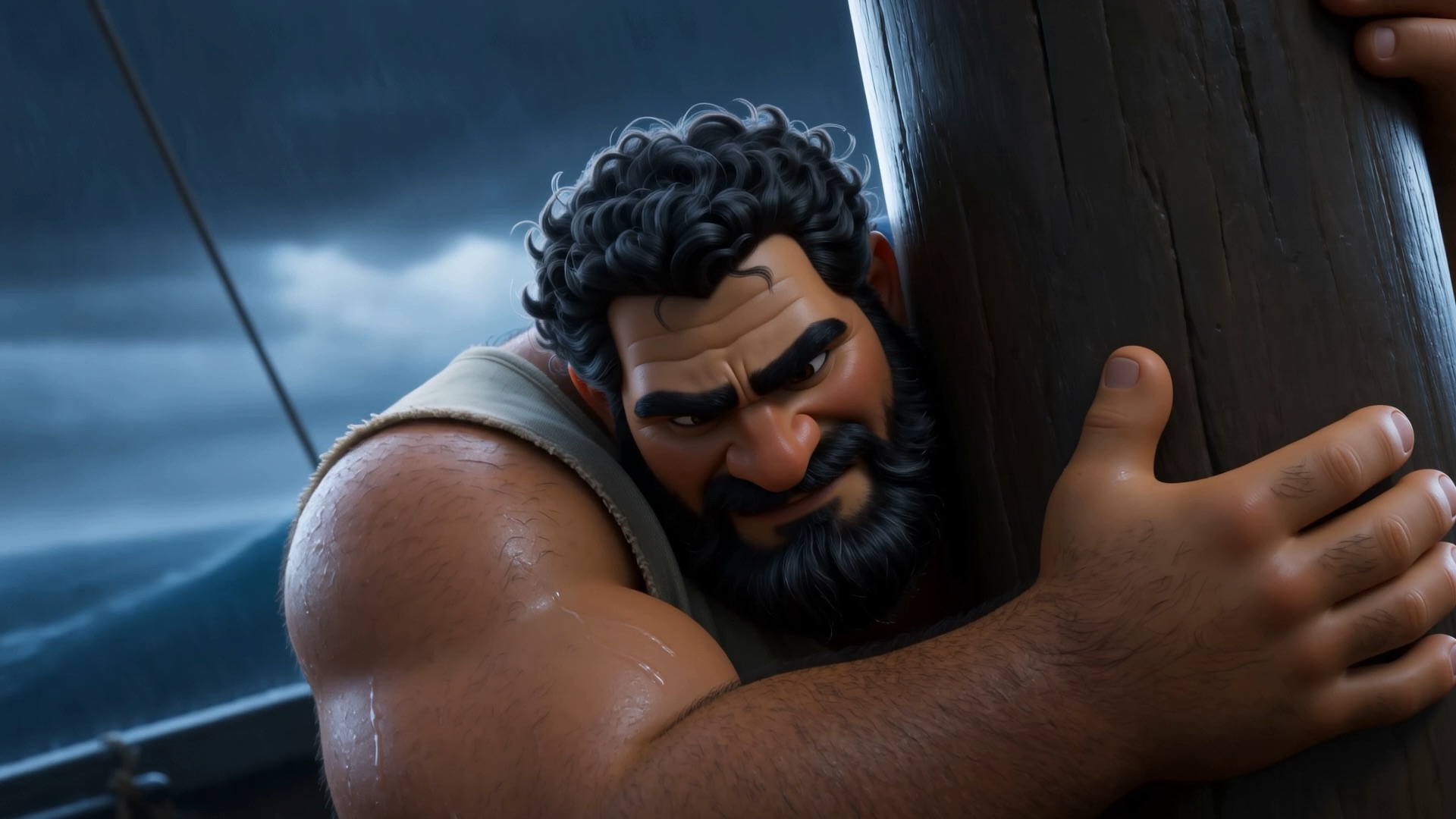 The big sailor hugs the mast