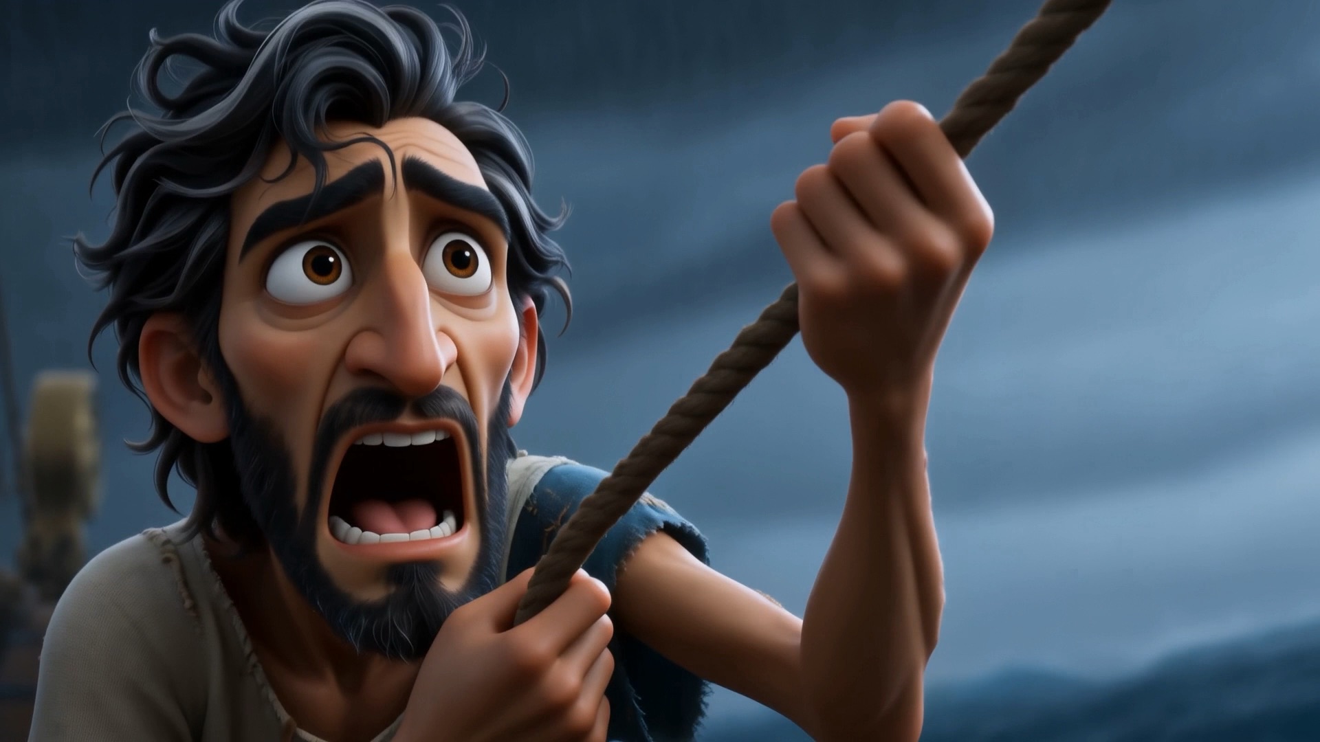 The rope boy screams into the wind