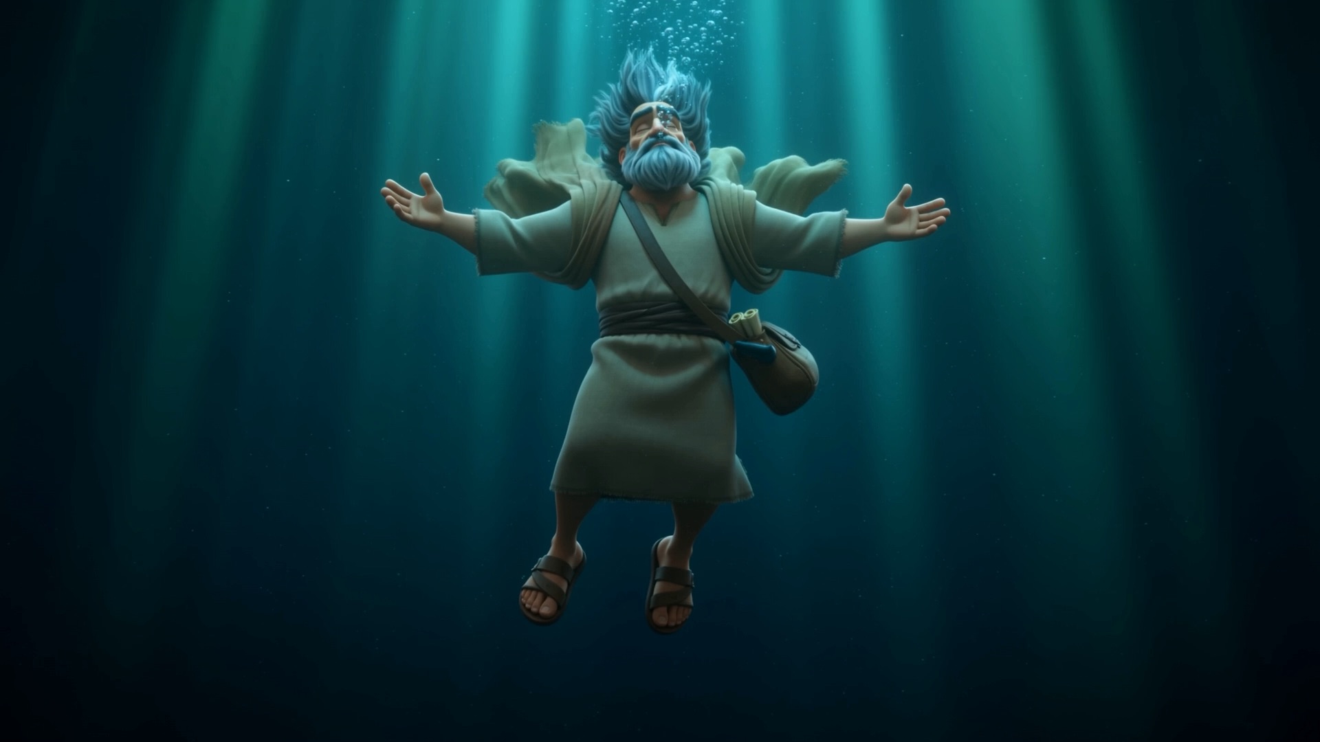 Jonah sinks, arms spread wide, light above