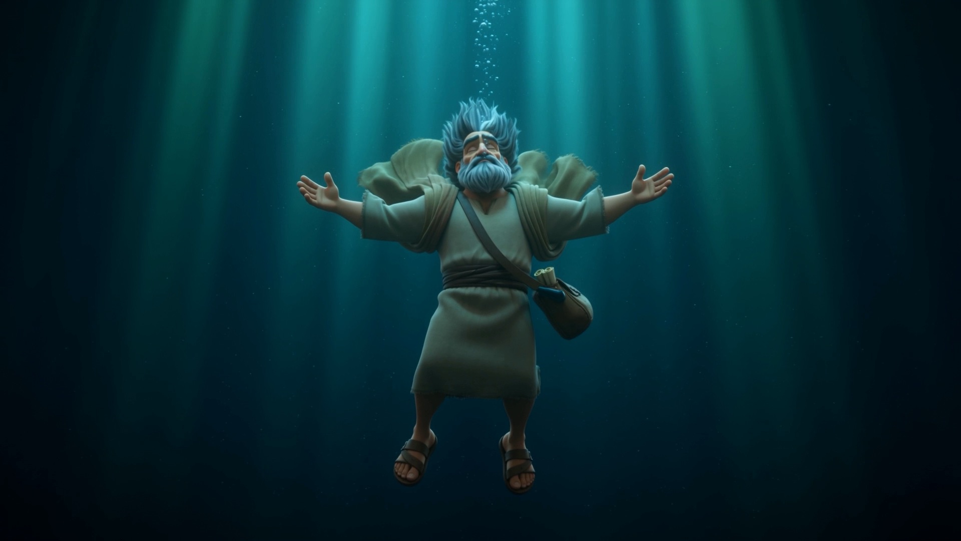 He drifts down through shafts of green light