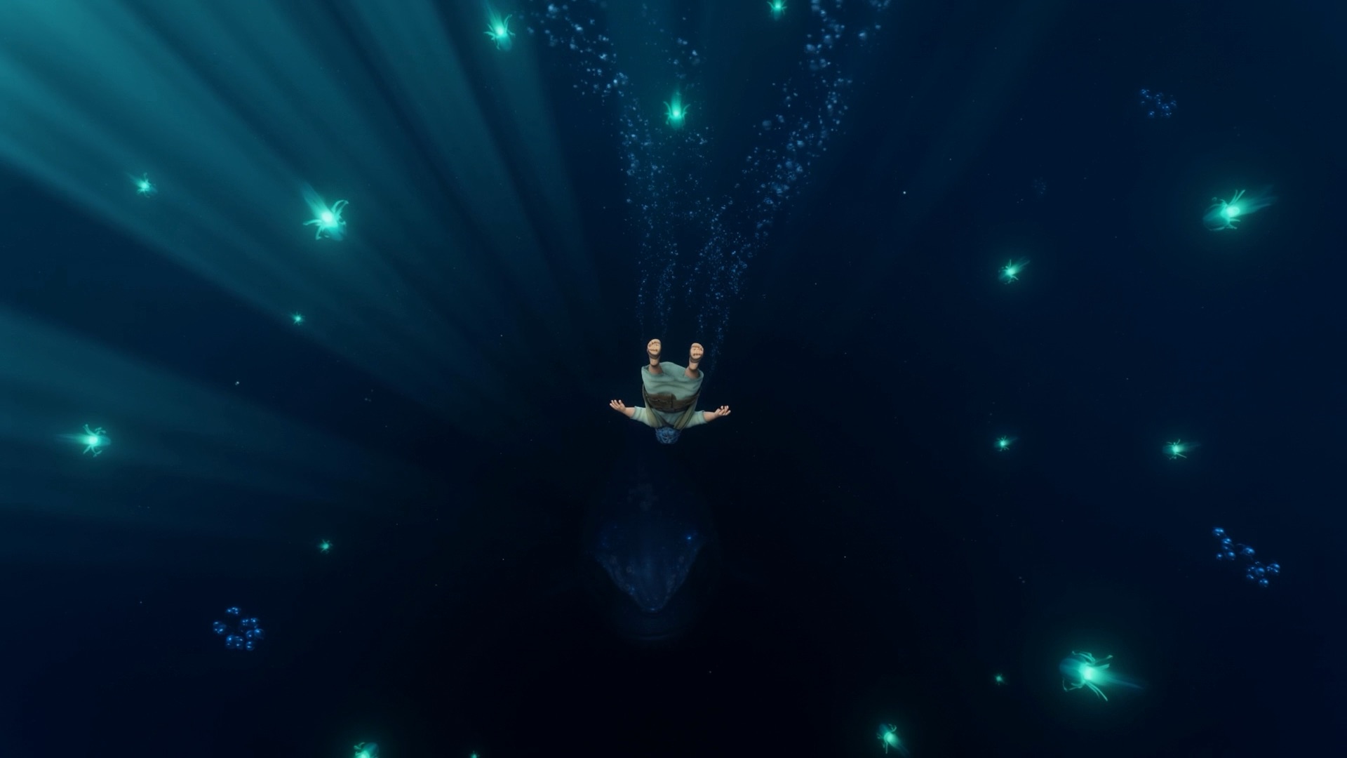The deep receives him with small glowing lights