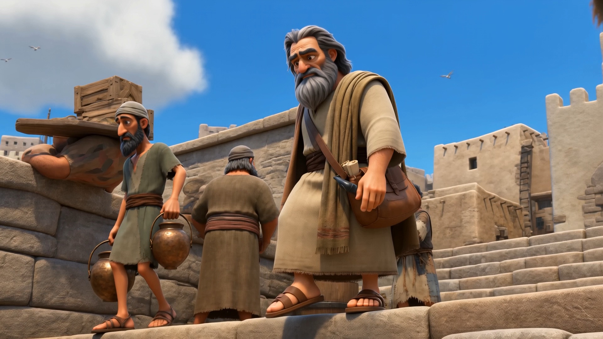 Jonah walks the walls of Joppa among porters