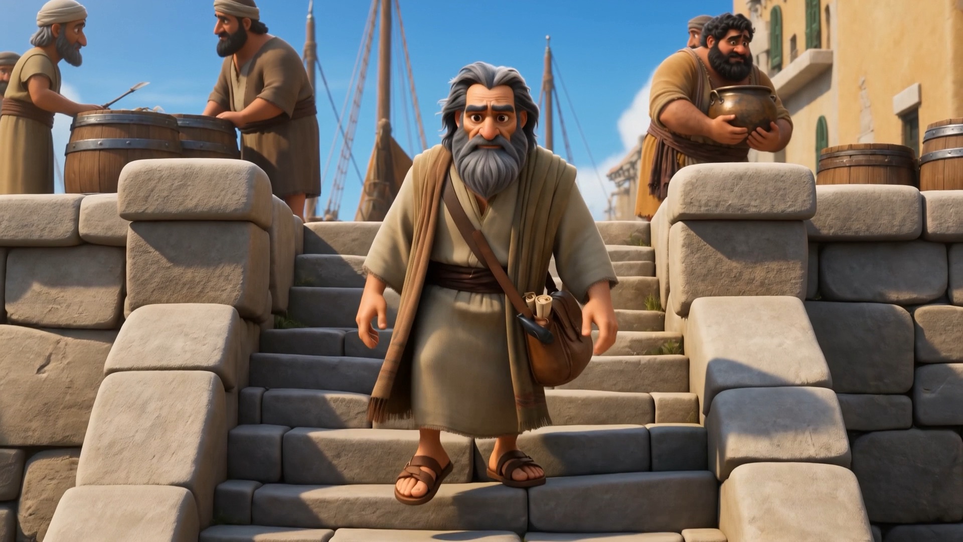 Jonah comes down the harbor steps